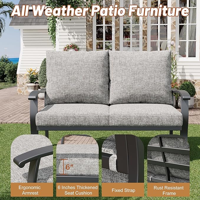HOMREST Outdoor Loveseat Aluminum Patio Furniture Sofa, All-Weather Metal Outdoor Couch with Cushions, Grey - Photo 4