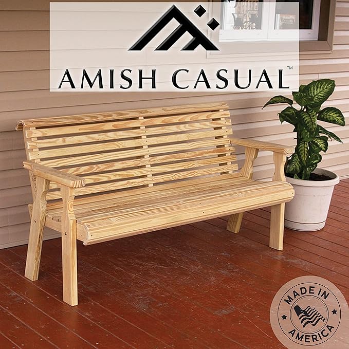 Amish Casual Heavy Duty Unfinished 4 Foot Roll Back Outdoor Bench - Amish Made in The USA from Treated Pine for Outdoor Durability, 700 Lb Weight Capacity