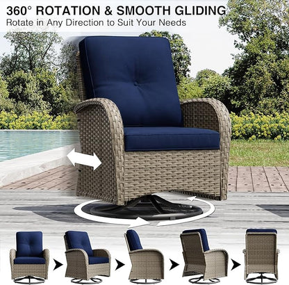 Joyside Outdoor Swivel Rocker Chairs, 3 Piece Wicker Patio Set with Thickened Cushions, High Back, Deep Seating, Wide Armrest, Outdoor Swivel Chairs for Porch, Deck
