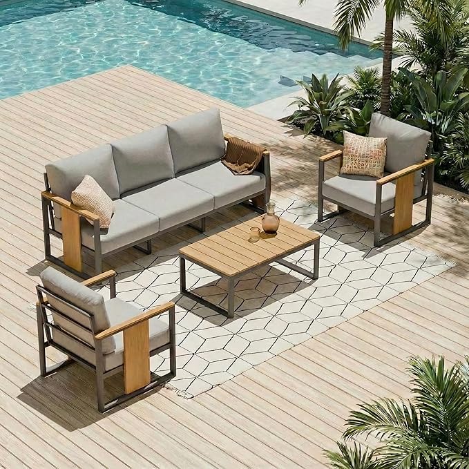 ZANDOR Outdoor Aluminum Patio Furniture Set 4 Piece Patio sectional Conversation Sets with Coffee Table and Chairs Lawn - Photo 1