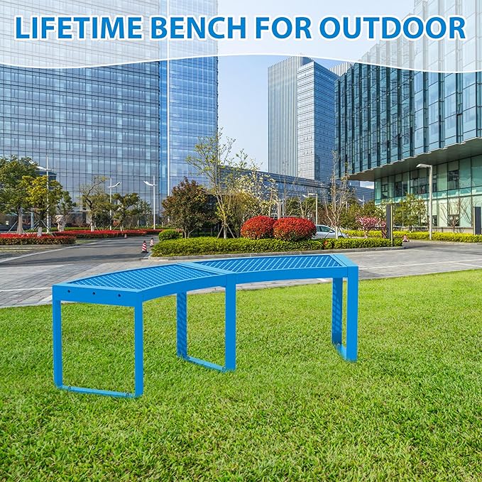 4 Pack Outdoor Curved Bench, Heavy Duty Metal Park Bench for Outside, Backless Loveseat, Thermoplastic-Coated, Weatherproof Commercial-Grade 2-Person Seating for Park, Patio, Garden, Deck, Beach,Blue