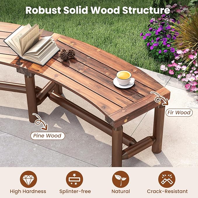 Tangkula Patio Curved Bench, Solid Wood Fire Pit Bench for 2-3 People, Outdoor Backless Loveseat for Backyard, Garden, Poolside, 800 LBS Max Load (1, Rustic Brown)