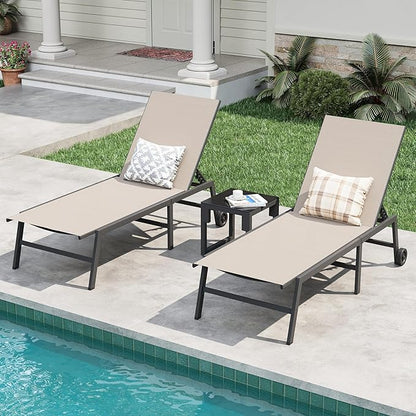 Amopatio 3 Piece Patio Lounge Chairs Set 2 Pool Chaise Lounges with Wheels and 1 Side Table 5-Position Adjustable Lounge Furniture with Heavy-Duty Steel for Backyard Poolside,400 LBS Capacity, Khaki