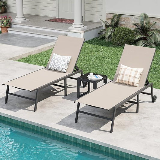 Amopatio 3 Piece Patio Lounge Chairs Set 2 Pool Chaise Lounges with Wheels and 1 Side Table 5-Position Adjustable Lounge Furniture with Heavy-Duty Steel for Backyard Poolside,400 LBS Capacity, Khaki