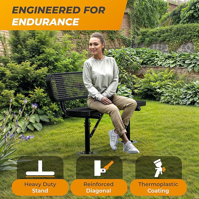 Heavy-Duty Outdoor Metal Bench, Thermoplastic-Coated, Surface, Weatherproof, Commercial-Grade for Parks, Gardens, Patios, Stores & More (4 Ft - Surface with Back, Black)