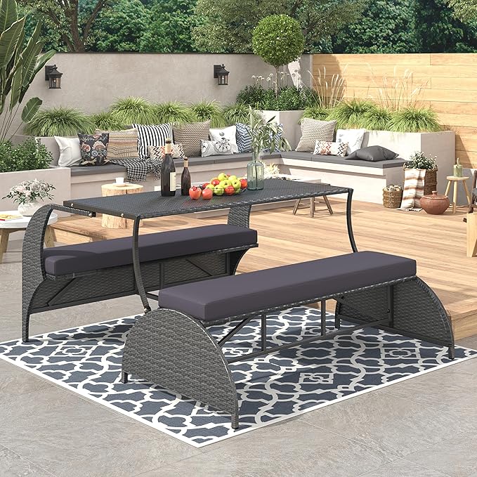 57.1" 2-in-1 Convertible Picnic Upholstered Bench Table, Outdoor Loveseat Picnic Table Couch, Foldable to 4 Seats & 1 Table, Multifunctional Patio Seating for Garden Lawn Backyard Porch（grey）