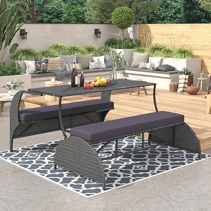 57.1" 2-in-1 Convertible Picnic Upholstered Bench Table, Outdoor Loveseat Picnic Table Couch, Foldable to 4 Seats & 1 Table, Multifunctional Patio Seating for Garden Lawn Backyard Porch（grey）
