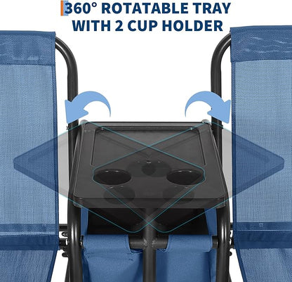 Porch Swing with Cup Holders & Pivot Storage Table & Cooler Bag with Adjustable Canopy for 2 Person Patio Swing for Backyard Balcony Poolside Red Blue