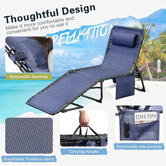 Greesum Chaise Lounge Folding Tanning Chair with 5 Position Adjustable Back, Detachable Pillow & Pocket Outside Pool, Beach, Sunbathing, Blue