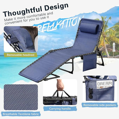 Greesum Chaise Lounge Folding Tanning Chair with 5 Position Adjustable Back, Detachable Pillow & Pocket Outside Pool, Beach, Sunbathing, Blue
