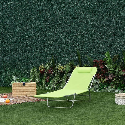 Outsunny Folding Chaise Lounge Pool Chairs, Outdoor Sun Tanning Chairs with Pillow, Reclining Back, Steel Frame & Breathable Mesh for Beach, Yard, Patio, Green