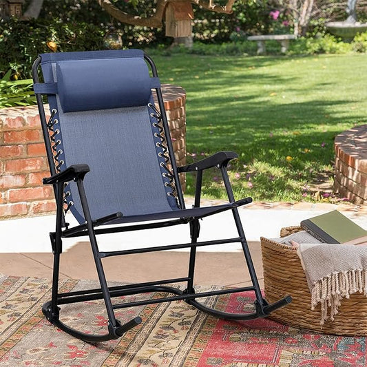 Flamaker Patio Rocking Chair Zero Gravity Chair Outdoor Folding Recliner Foldable Lounge Chair Outdoor Pool Chair for Patio, Poolside and Camping (Blue)