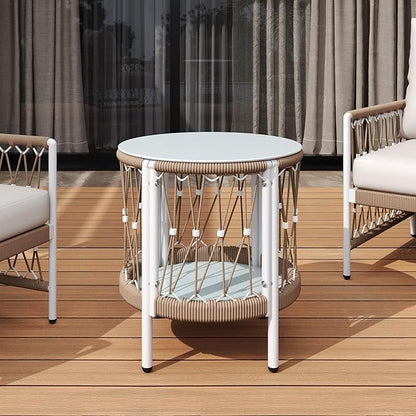 Christopher Knight Home Packy Bohemian Outdoor Side Table with Storage Shelf, Glass Top Small Patio Round Coffee Table, Sofa End Table for Patio Furniture Set with Metal Frame, White+Beige