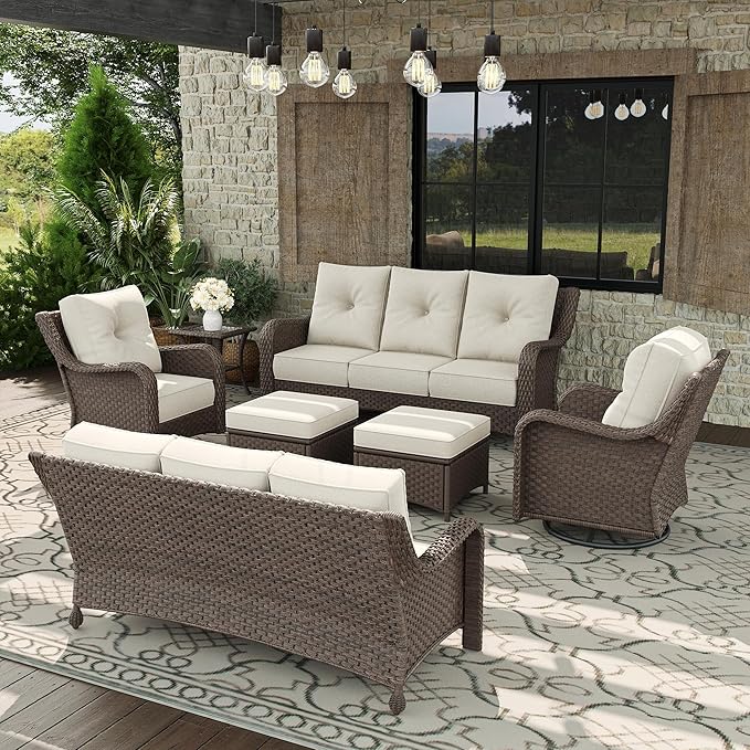 7 Piece Patio Furniture Set, All-Weather Wicker Outdoor Conversation Set with Swivel Rocking Chair and 6 Inch Thick - Photo 1
