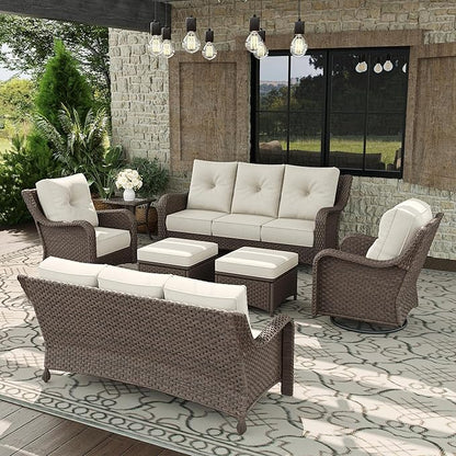 7 Piece Patio Furniture Set, All-Weather Wicker Outdoor Conversation Set with Swivel Rocking Chair and 6 Inch Thick Cushions