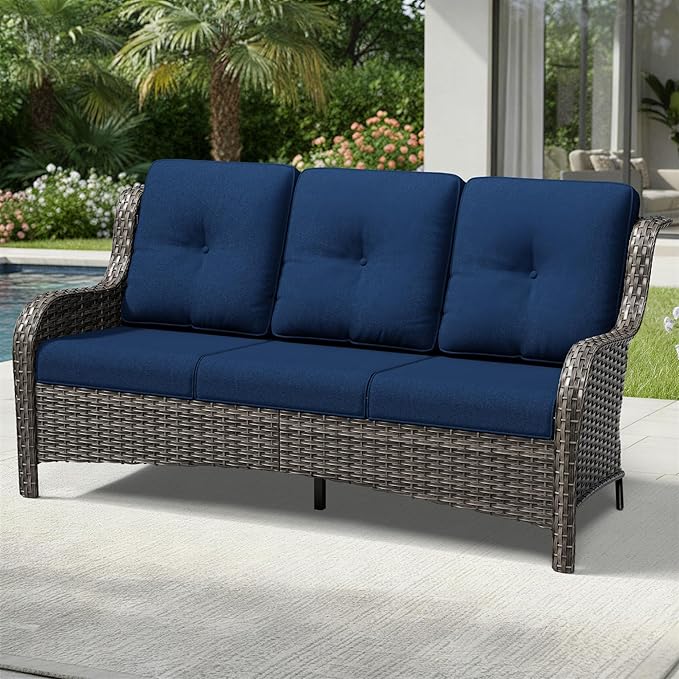 Joyside Outdoor Patio Couch, 3 Seater Outdoor Wicker Sofa with High Back, Deep Seating, Wide Armrest, Thickened Cushions - Photo 6