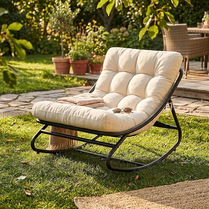 GarveeLife Rocking Papasan Chair 2 PCS, Outdoor Rocker Chair with Thick Waterproof Cushion, 300lbs Heavy Duty Metal Patio Rocking Chair for Garden, Porch, Nursery, Silla Mecedora para Adulto-Beige