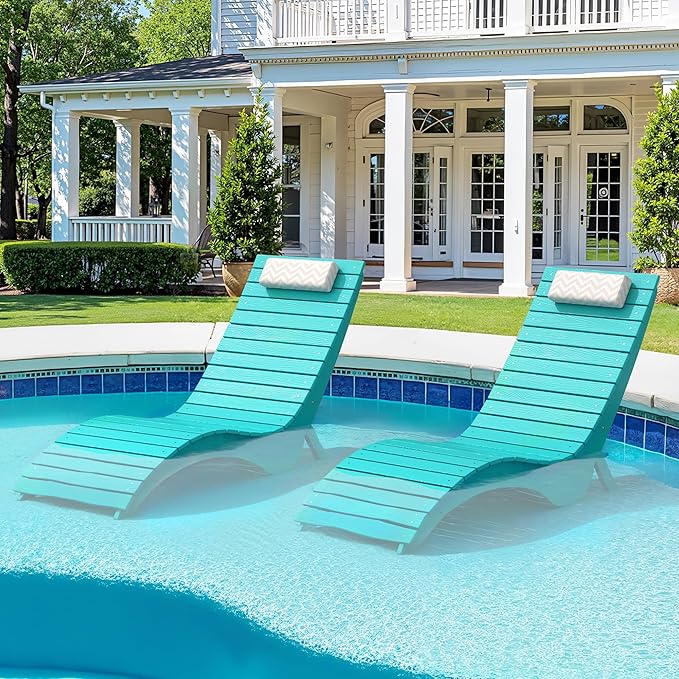 Pool Lounge Chairs Set of 4 - Anti-Floating HDPS Design for Pools & Backyard Sun Decks, Weighted Pool Chairs and Lounges for Poolside or Outside, Includes Headrest, Aruba Blue