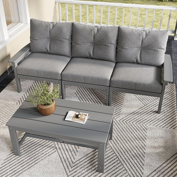 Grey HDPE Patio Sofa Set, 4-Piece Sectional Outdoor Patio Furniture Set - Photo 1