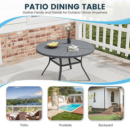 Patio Dining Table for 4, Round Metal Outdoor Table with Storage Shelf, 1.57" Umbrella Hole, 41" Outdoor Quartered Tabletop Dining Table for Backyard, Porch, Lawn, Dark Grey