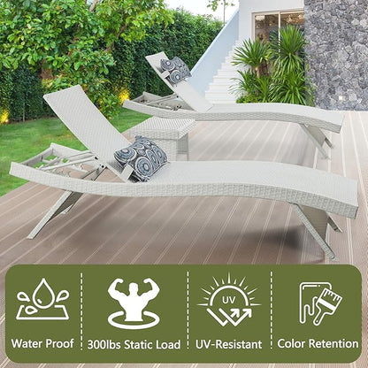Patio Chaise Lounges, 79’’ Long Reclining Chairs with 5-Position Adjustable Backrest, PE Rattan Lounge Chair, Set of 2 with Cushions for Sunbathing Poolside Garden Backyard, White