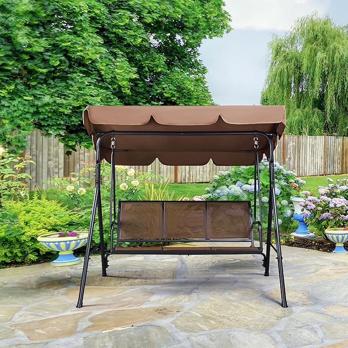 Yaheetech Outdoor Porch Swing Chair for Adults, 3-Seat Patio Hanging Swing w/Adjustable Canopy, Armrests - Photo 7