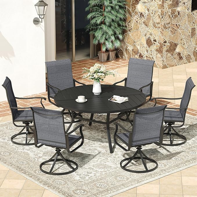 VICLLAX 53" Round Patio Dining Table for 6-8, All Weather Metal Outdoor Table with 1.57" Umbrella Hole and Surdy Frame for Garden Lawn Deck, Walnut