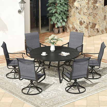 VICLLAX 53" Round Patio Dining Table for 6-8, All Weather Metal Outdoor Table with 1.57" Umbrella Hole and Surdy Frame for Garden Lawn Deck, Walnut