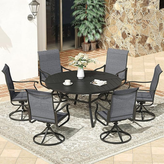VICLLAX 53" Round Patio Dining Table for 6-8, All Weather Metal Outdoor Table with 1.57" Umbrella Hole and Surdy Frame for Garden Lawn Deck, Walnut