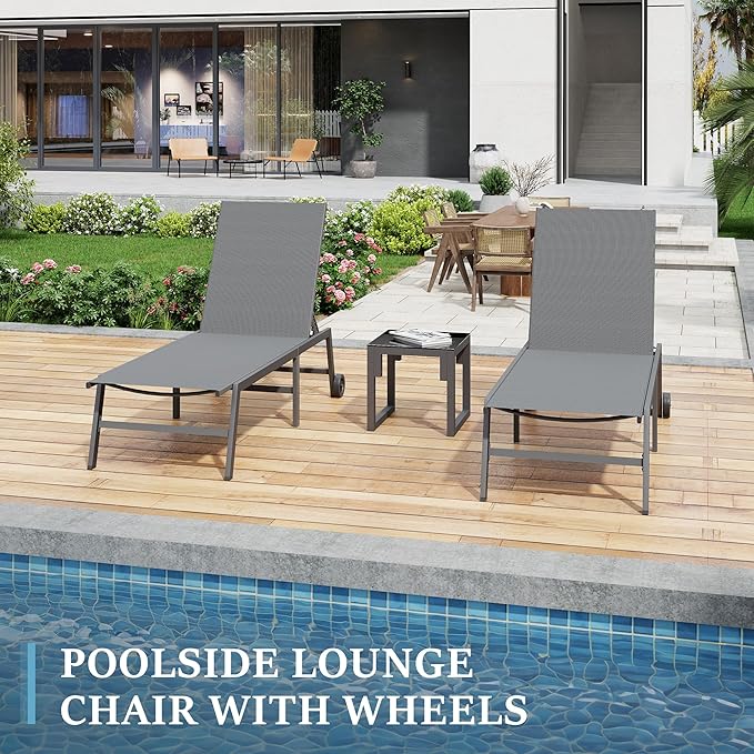 UDPATIO Patio Lounge Chair with Wheels 2 Pieces Outdoor Chaise Lounge with Side Table 5 Adjustable Position Recliner for Patio, Beach, Yard, Pool