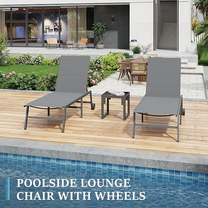 UDPATIO Patio Lounge Chair with Wheels 2 Pieces Outdoor Chaise Lounge with Side Table 5 Adjustable Position Recliner for Patio, Beach, Yard, Pool