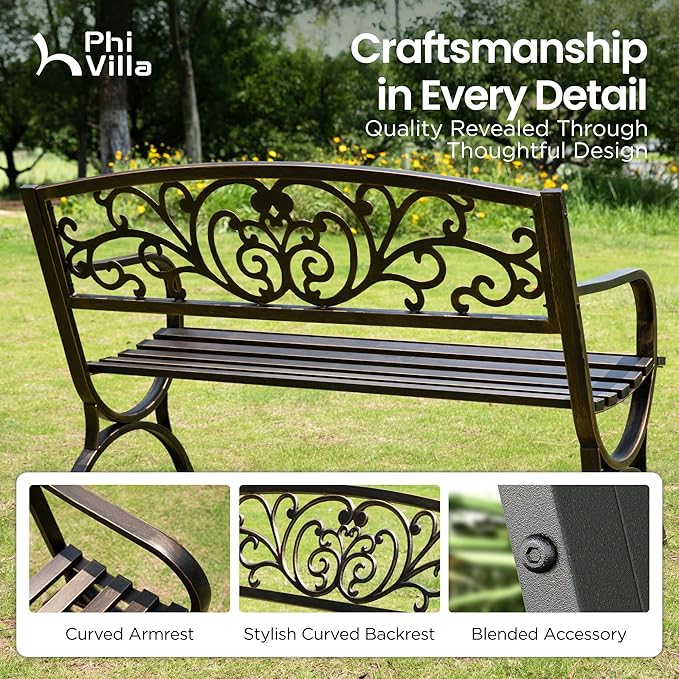 PHI VILLA 50" Garden Bench Outdoor Bench Patio Bench for Outdoors Metal Porch Steel Frame Furniture for Yard
