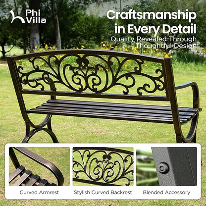 PHI VILLA 50" Garden Bench Outdoor Bench Patio Bench for Outdoors Metal Porch Steel Frame Furniture for Yard
