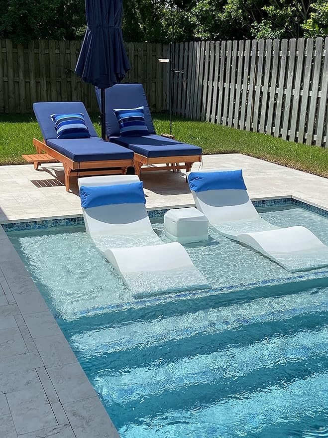 Aqua Outdoors in-Pool Chaise Set - Two Chaises - Two Headrest Pillows and One in Pool Side Table - for ledges up to 9" inches (White Granite-Blue)