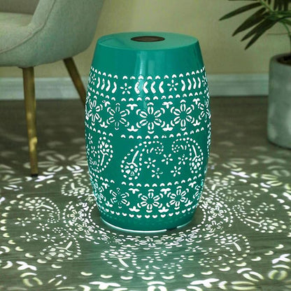 Christopher Knight Home Patio Side Table with Solar Powered Light, Outdoor Metal Coffee Table, Lace Cut Iron End Table, Patio Garden Stool with Cutout Design for Patio or Balcony,Teal
