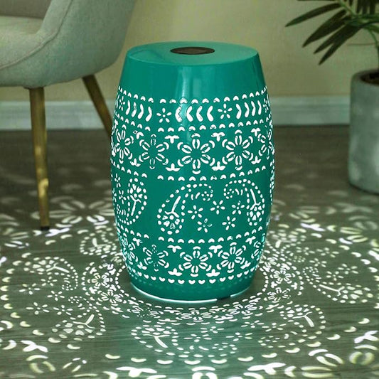 Christopher Knight Home Patio Side Table with Solar Powered Light, Outdoor Metal Coffee Table, Lace Cut Iron End Table, Patio Garden Stool with Cutout Design for Patio or Balcony,Teal