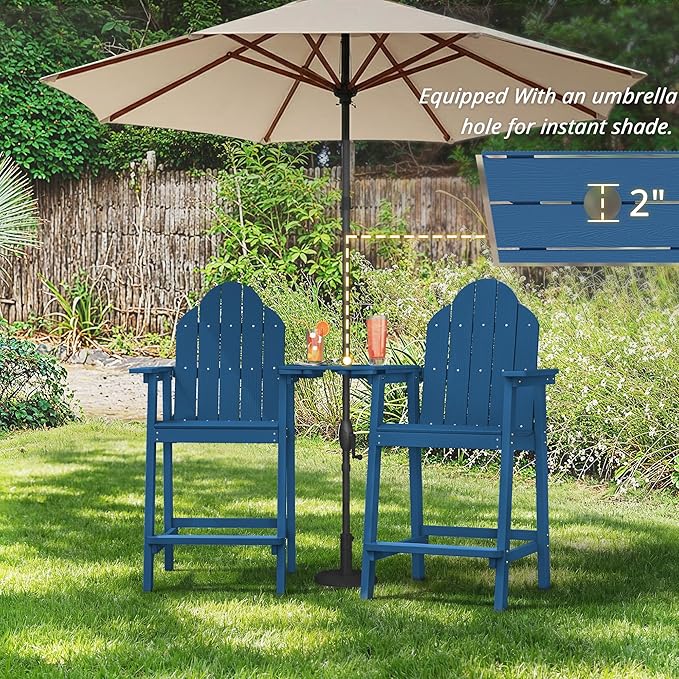 LUE BONA Tall Adirondack Chair Set of 2, All Weather HDPS Bar Height Adirondack Chair with Detachable Table & Umbrella Hole, Adirondack Barstools for Patio, Deck, Backyard & Commercial Use Navy Blue