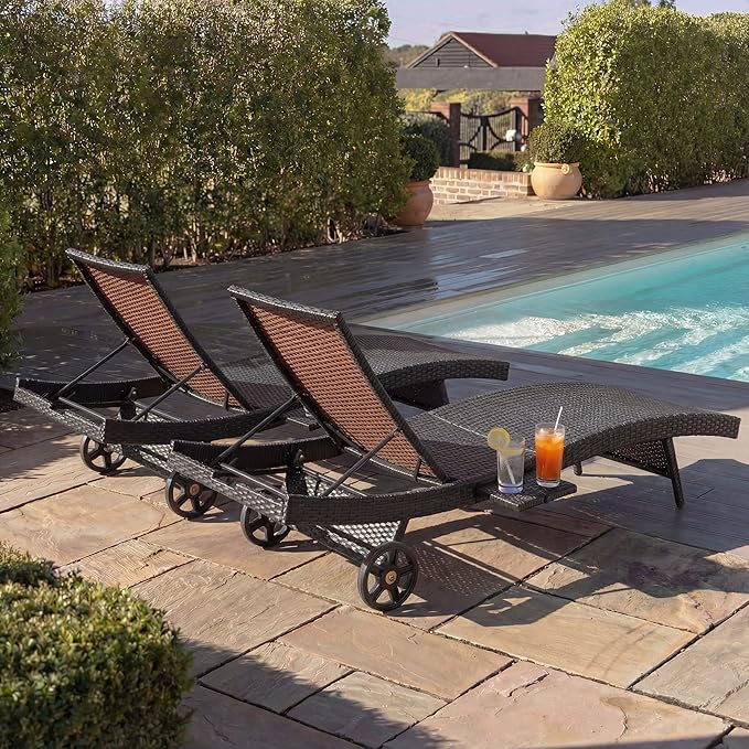 Patio Wicker Chaise Lounge Chairs Set of 2, Outdoor Reclining Lounge Chair w/Rolling Wheels, Pull-Out Side Table - Photo 4