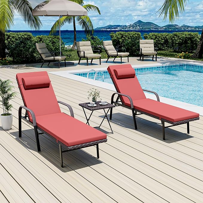 Patio Chaise Lounge Set 3 Pieces Outdoor Lounge Chair with Rattan Adjustable Backrest Armrest and Folding Table for Beach Patio,Sand, for Poolside Backyard Porch