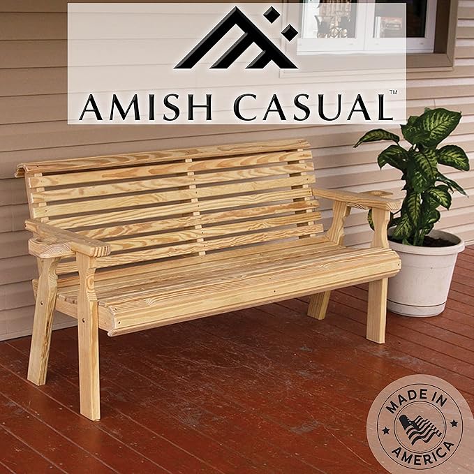 Amish Casual Heavy Duty Pressure Treated 4 Foot Outdoor Garden Bench with Cup Holders - Amish Crafted Roll Back Design in Unfinished, 700 Lb Weight Capacity