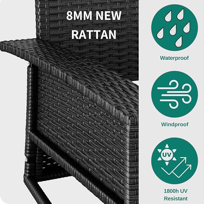YITAHOME 3-Seats Outdoor Hanging Porch Swing Chair Rattan Black Wicker Patio Swing Chair with Swing Lounge 3 Light - Photo 6