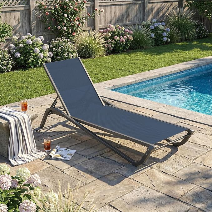 Kingdura Chaise Lounge Chairs Set for Pool, Aluminum Outdoor Lounge Chairs with 5 Positions Recliner, Lightweight Pool Lounger Lounge Chairs for Outside Patio Deck Poolside (Navy Blue, 1 Chair)