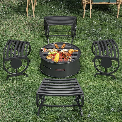 Outdoor Bench Patio Outdoor Garden Bench with Built-in Table, Wagon Wheel Arms, 3 People Outdoor Bench Garden Bench Front Porch Furniture (Black-22.83inch-4Pieces)