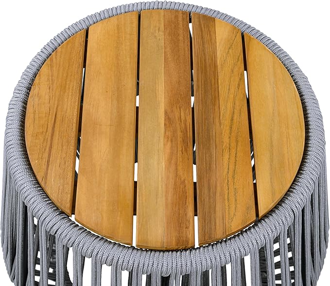 Merax Bohemian Round Outdoor Side Table with Acacia Wood Top and Grey Handwoven Rope Base, Boho Patio Coffee Table for Garden, Pool, Deck, Balcony, Yard