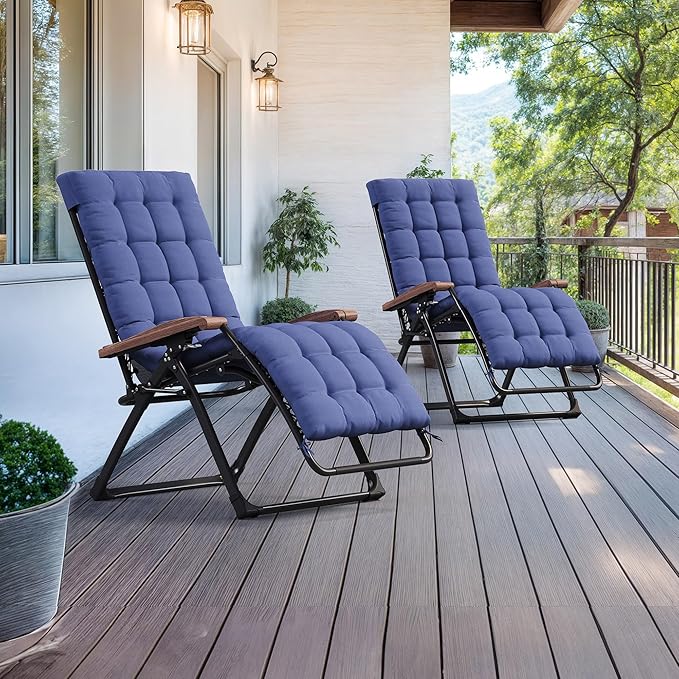 PURPLE LEAF Oversized Outdoor Reclining Chair Set of 2 Patio Zero Gravity Chaise Lounge Folding Chair with Removable Cushion Adjustable Headrest for Lawn Camping Beach Pool Navy Blue