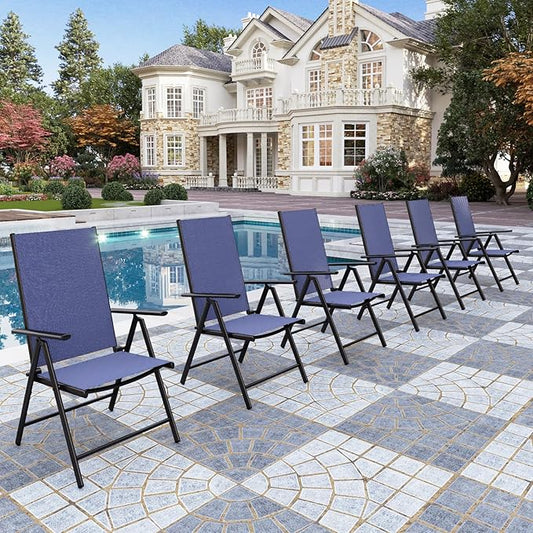 PHI VILLA Outdoor Patio Folding Chairs Set of 6, Portable Patio Dining Chairs with Adjustable Backrest for Outside, Garden, Lawn & Yard, No Assembly, Blue