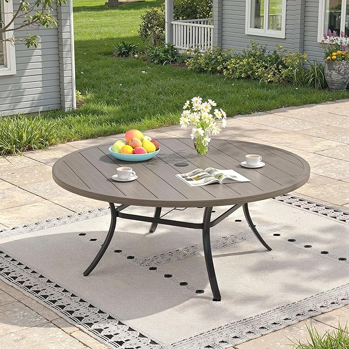 Outdoor Dining Table for 8, 60" Round Outdoor Table with Adjustable Umbrella Hole, All-Weather Metal Patio Dining Table for Lawn Garden Backyard Deck, Grey