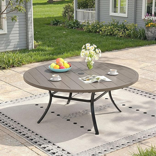 Outdoor Dining Table for 8, 60" Round Outdoor Table with Adjustable Umbrella Hole, All-Weather Metal Patio Dining Table for Lawn Garden Backyard Deck, Grey