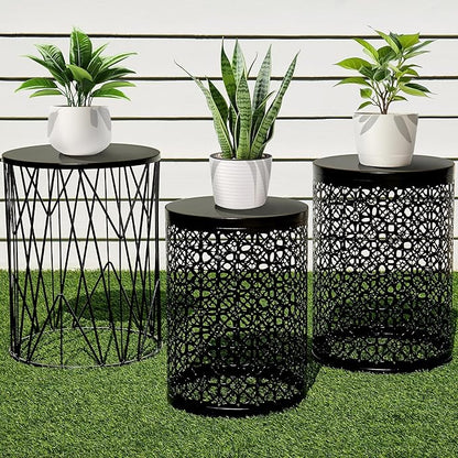 Y&M Set of 3 Stacking Coffee Table for Living Room, Nesting Side Table,Indoor End Tables for Bedroom, Outdoor Decorative Garden Stool with Heavy Duty Metal Frame Modern Industrial Decor - Black