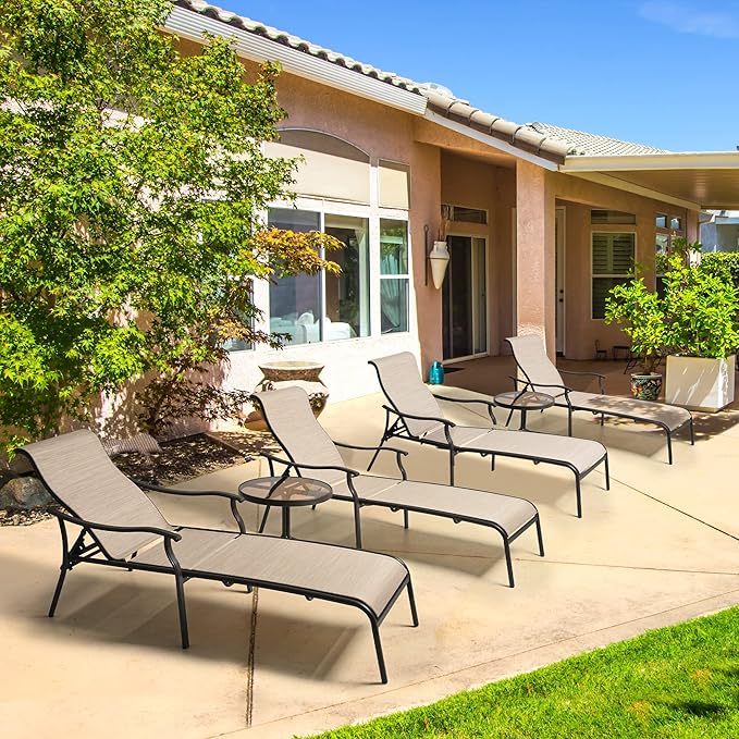 HAPPATIO Patio Chaise Lounge Set 6 Pieces,Patio Lounge Chair with Glass Coffee Table,Pool Lounge Chair with Breathable Textilene Fabric,Patio Chaise Lounge (Brown)
